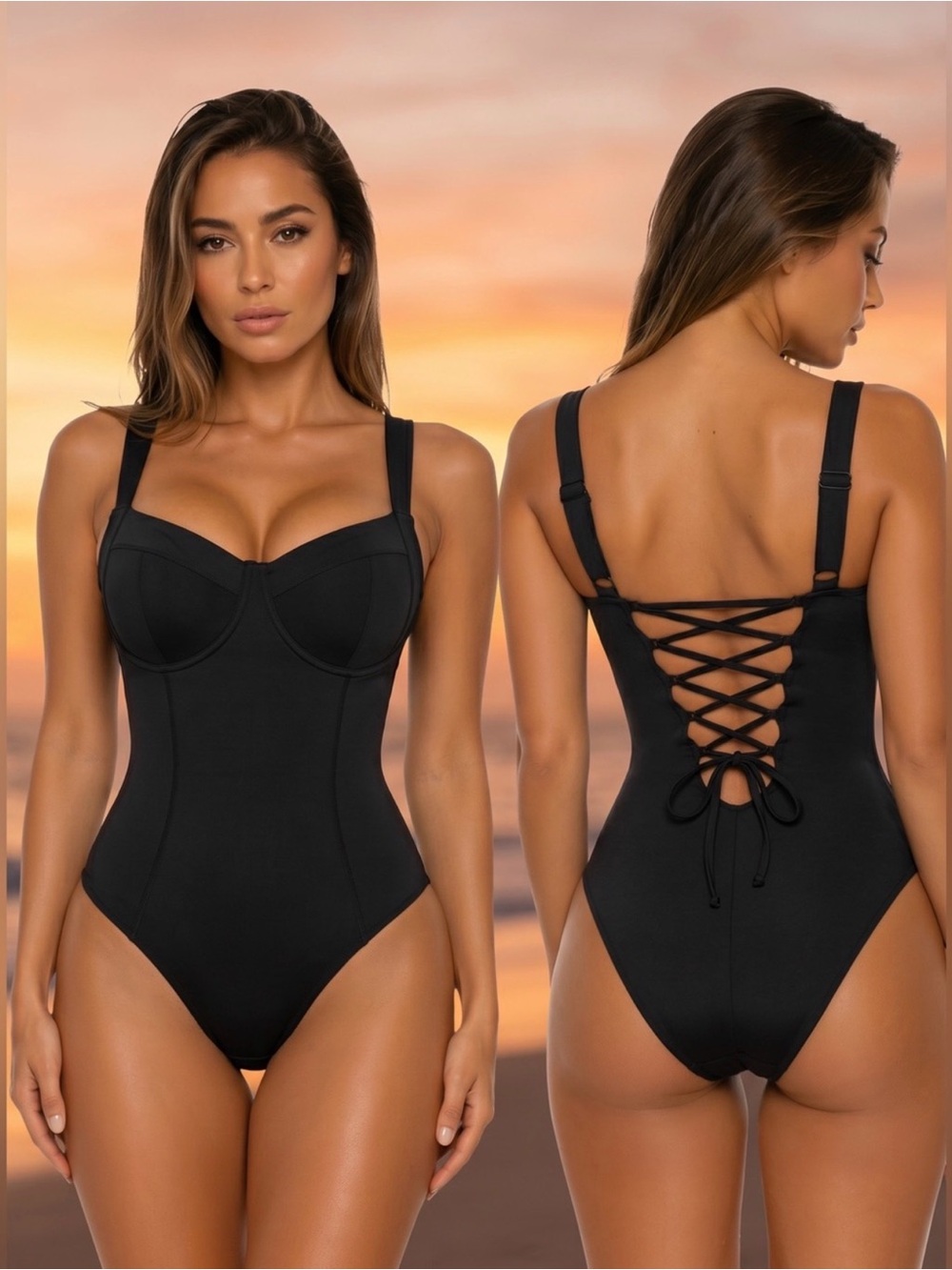 ТАЗ ТА3011 Black Lifty XL SHORT F G CUPS Lace-Up Back One-Piece Swimsuit